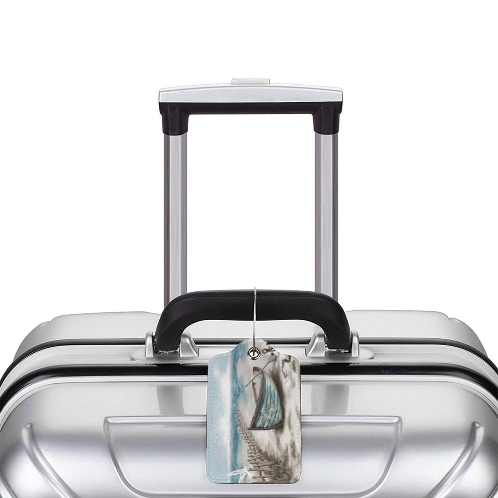 Sea View - Targhette per bagagli in legno con anello in acciaio inossidabile, divertente set di etichette per carte d'identità con nome, adatte per borse da viaggio, bagagli per donne e uomini, 2