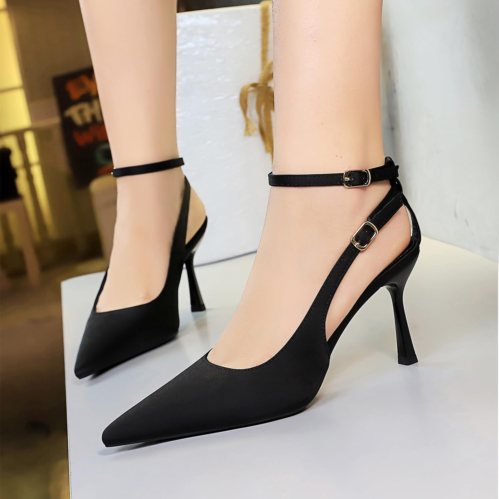 Damskie czółenka na obcasie typu slingback szpiczasty nosek szpilki podwójny pasek regulowana klamra sukienka buty biuro praca ślub gość impreza buty