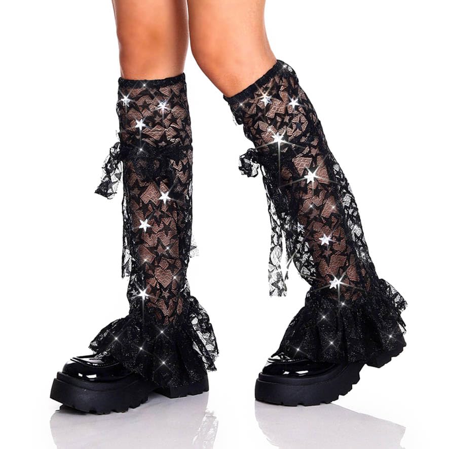 Image of Leg Warmers Lace Star Ruffle Long Thigh Highs Socks Black Y2K Leg Warmers for Women
