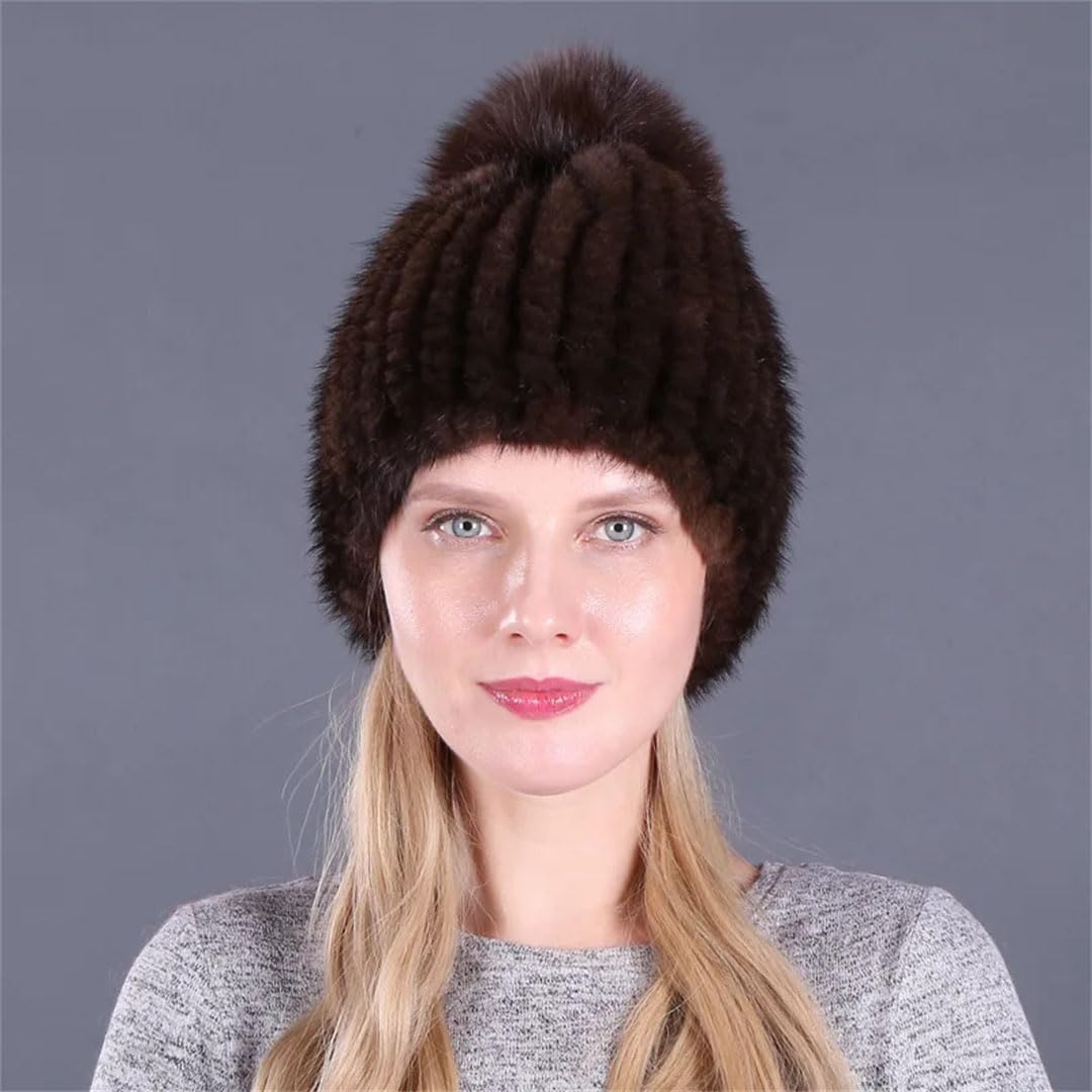 Cappello da donna in pelliccia di visone lavorato a maglia a mano berretto freddo cappelli in pelliccia pompon elastico