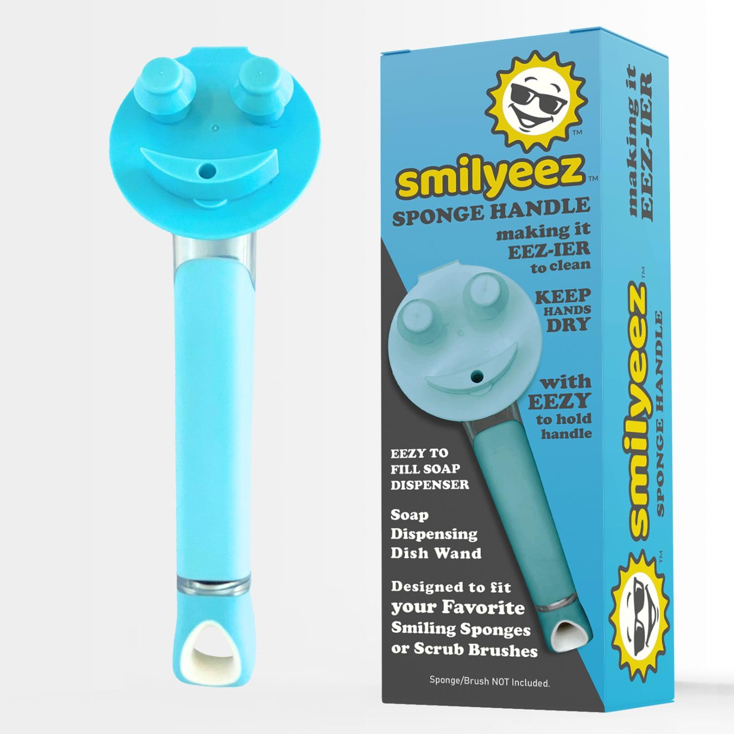 The Original Smiling Sponge Handle Soap Dispensing Handle by Smilyeez - Dishwand for Scrub Daddy Sponge (Light Blue) Dish Wand…