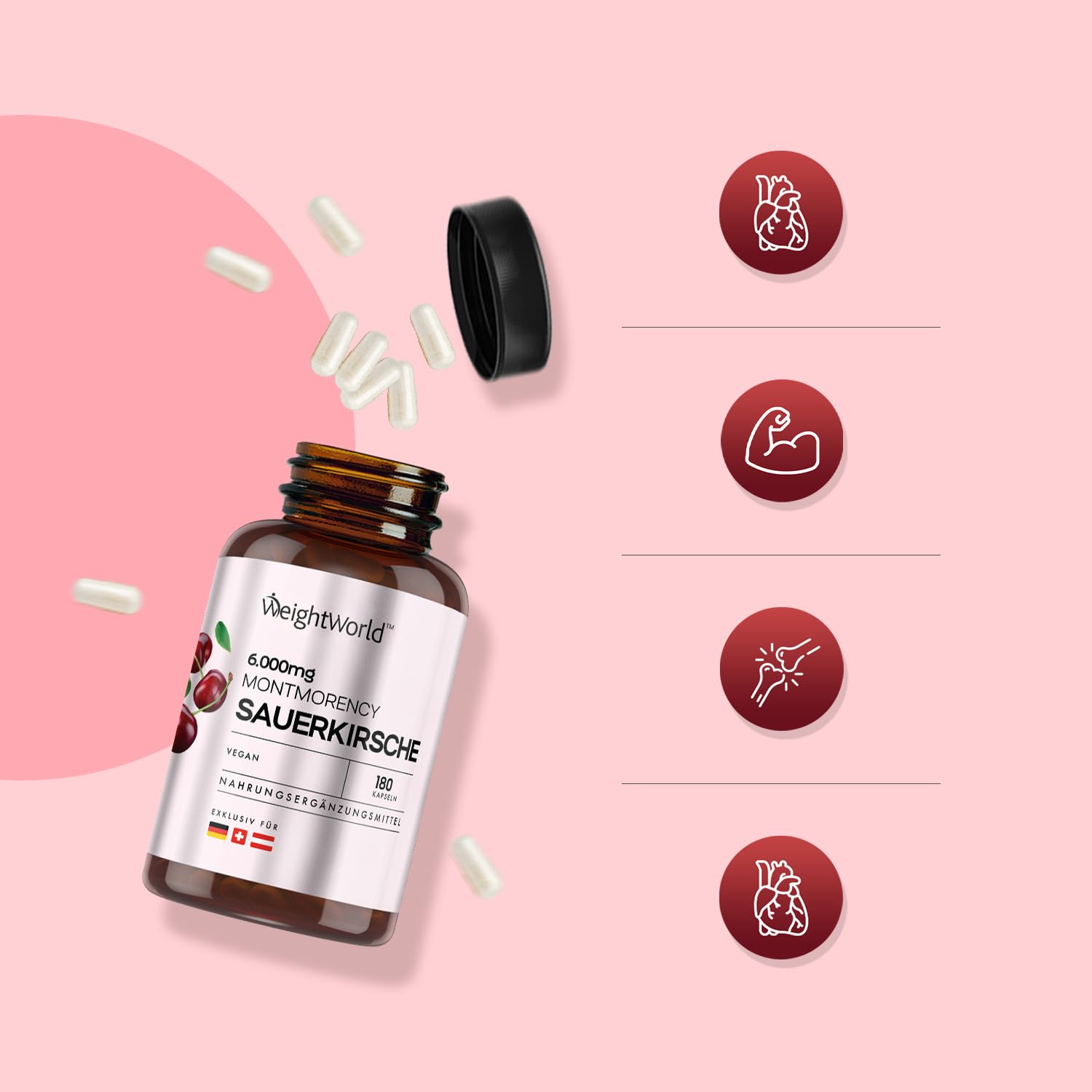 Montmorency Cherry in 180 Capsule Vegane, 6000mg per Dose (3 Mesi di Scorta), Estratto 50:1 di Ciliegia Prunus Cerasus, Integratore Cherry Montmorency Senza Glutine né OGM, Prodotto nel Regno Unito