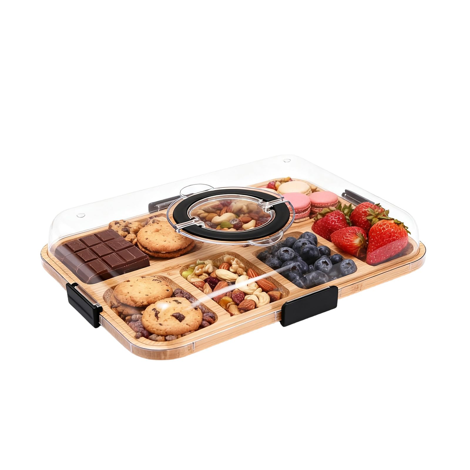 Planche à charcuterie avec couvercle – Planche à goûter portable avec 6 compartiments et couvercle transparent – Planche à fromage réversible pour pique-nique, fête et cuisine – Planche de service