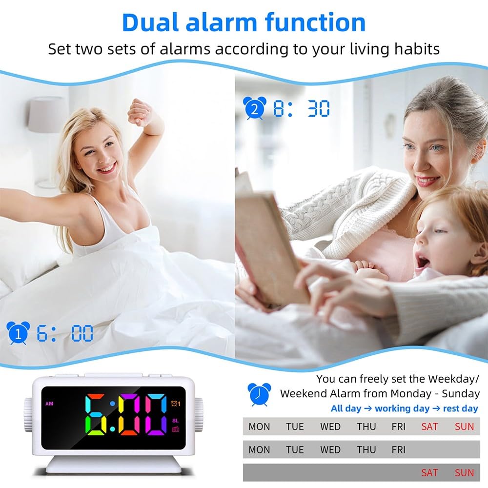 DollaTek RGB Sveglia Digitale Radio FM Sveglia con 2 Porte USB Timer Snooze (Bianco)