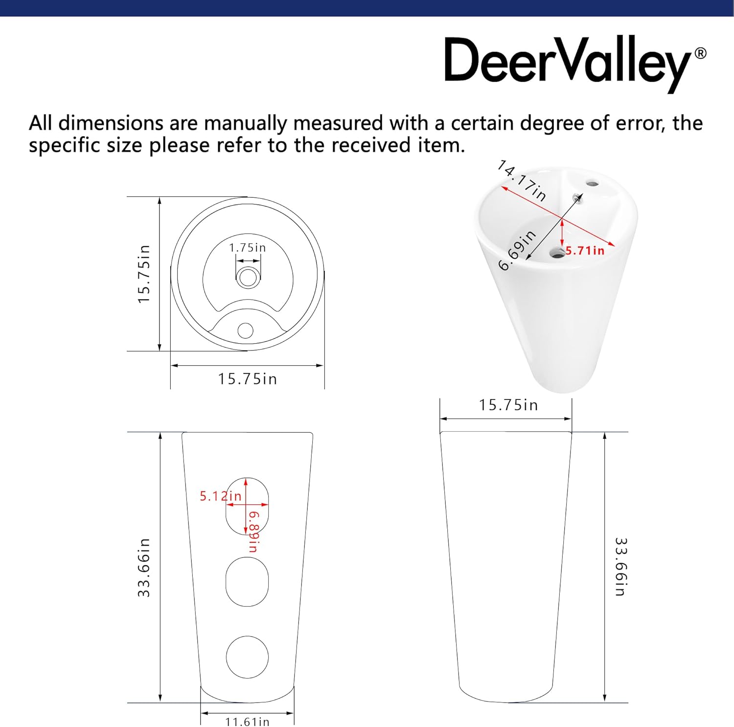 DeerValley 15" X 15" Circular Basin Pedestal Sink, Apex White Ceramic Pedestal Bathroom Sink with Overflow and Pre-Drilled, Modern Bath Porcelain Pedestal Sink Combo, DV-1P527
