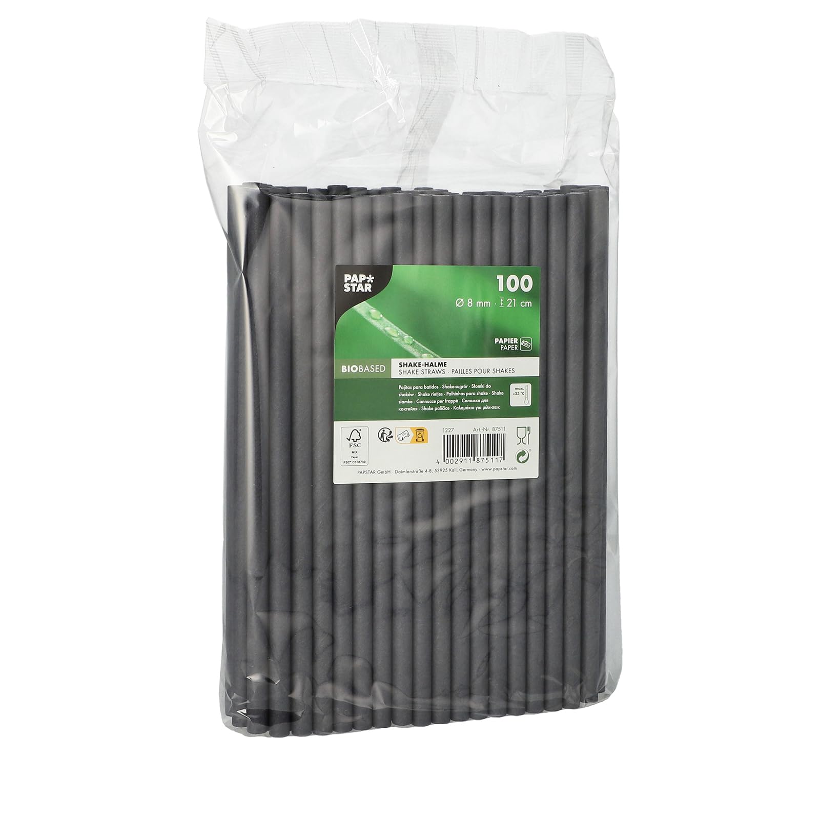 PAPSTAR 1000 Shake-Halme, Papier Pure Ø 8 mm, 21 cm schwarz 87511 biologische Papiertrinkhalme Papierstrohhalme Bio Öko