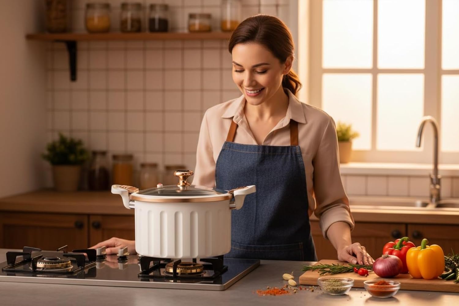 Non-Stick Enamel Pressure Cooker with Push Pull Lock, Silicone Seal, Spill-Proof Valve,ivory
