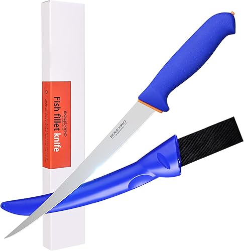 BOLEXINO Cuchillo de filete estrecho de 9 pulgadas para pescado con funda, hoja flexible con agarre suave y mango antideslizante, cuchillos de acero