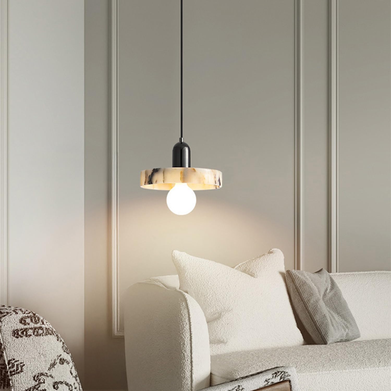 Lampade a sospensione in marmo naturale for camera da letto Minimalismo italiano 9,8 pollici Lampada a Base con venature Lampadario Paralume circolare in pietra