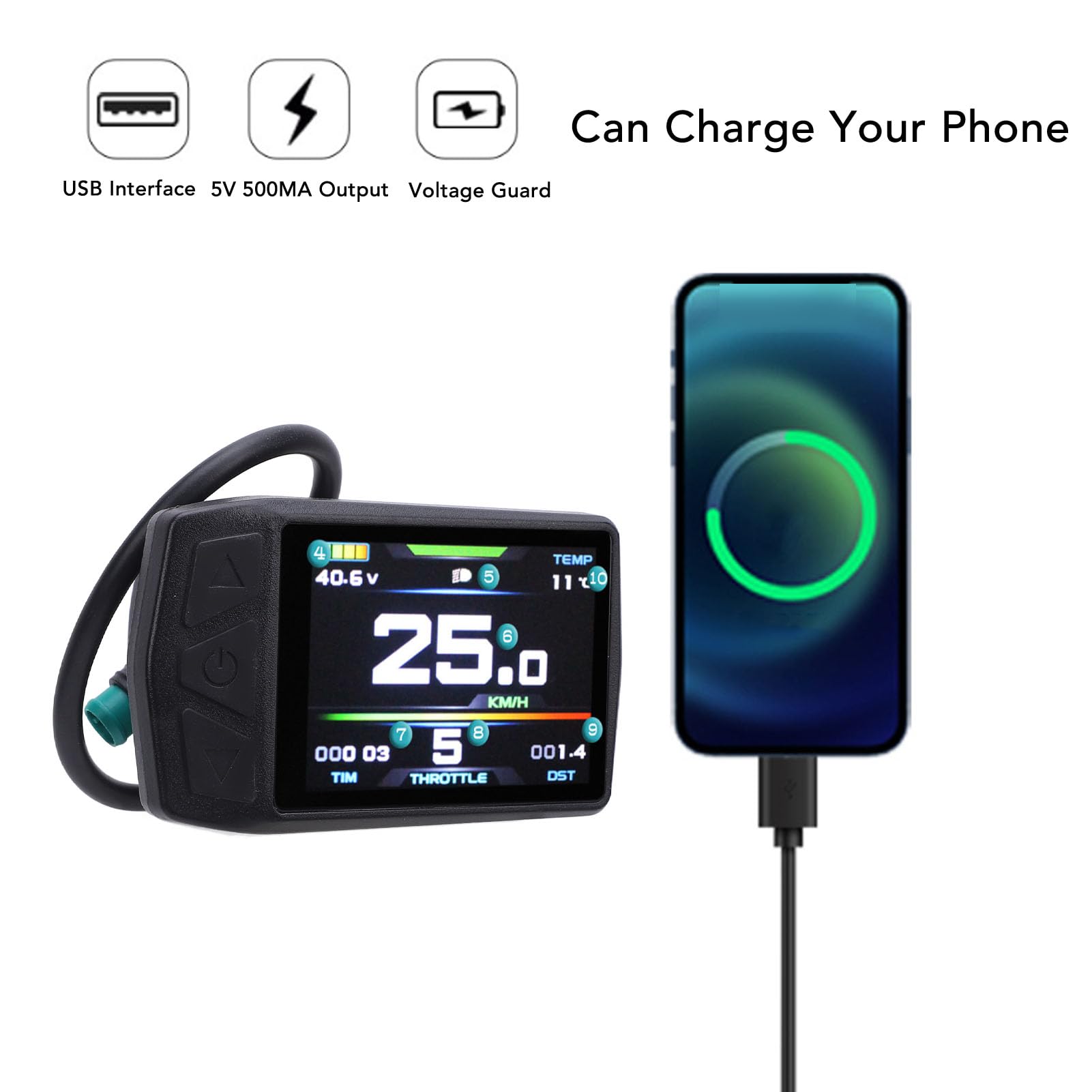Akozon Pannello LCD per Ciclismo TF01 - Display per Ciclismo Elettrico con Porta di Ricarica USB e Controller Connettore - Elettronica per Sport e Tempo Libero