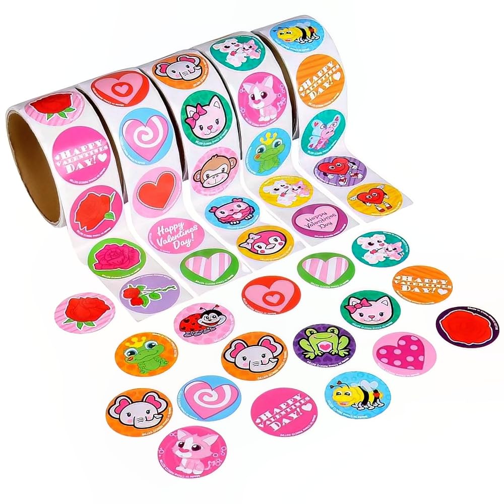 5 Rolls ~ Valentine Stickers ~ 100 Stickers Per Roll ~ 500 Stickers Total ~ Approx. 1.5" ~ New / Shrink-wrapped ~ Hearts, Animals, More