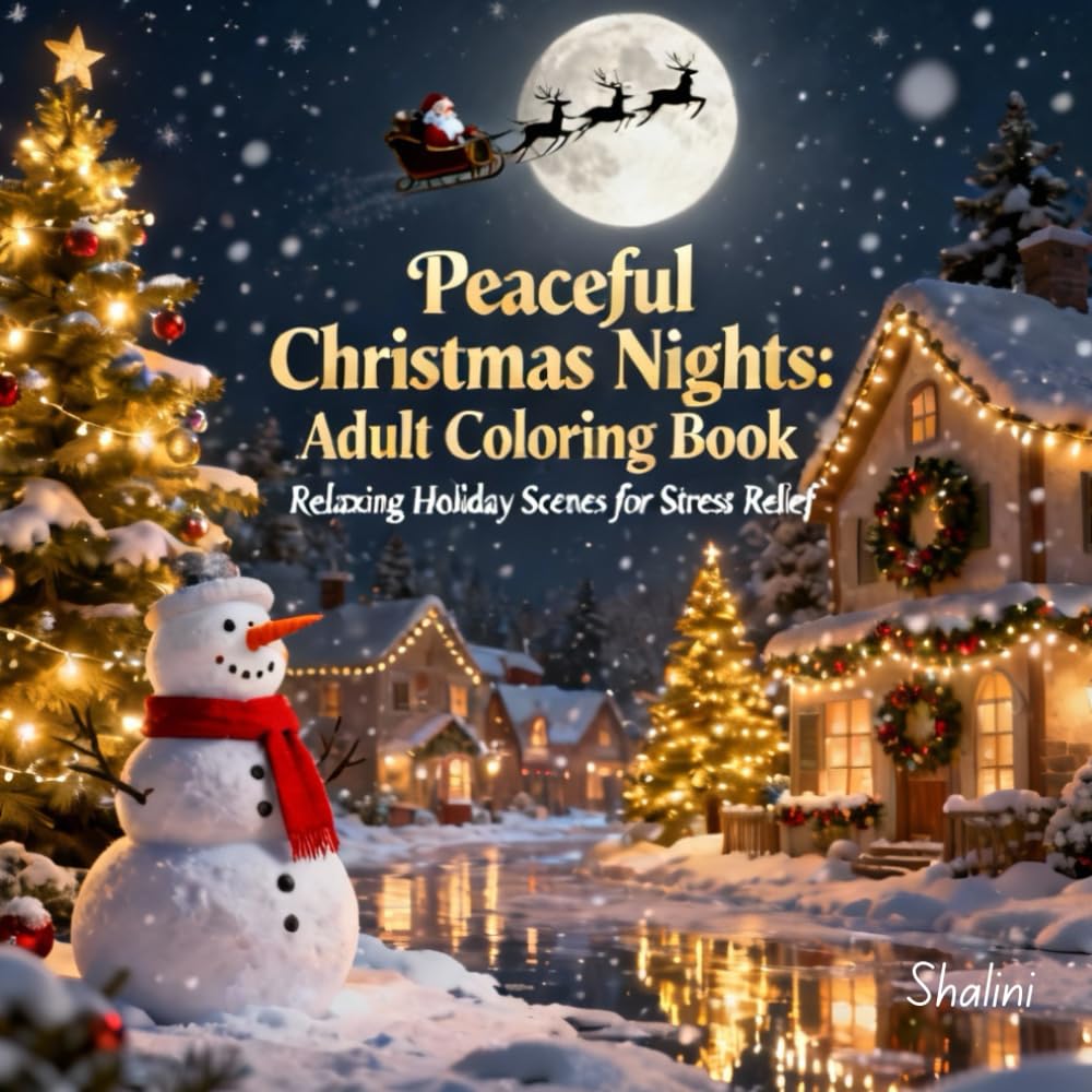 Peaceful Christmas Nights: Adult Coloring Book: Relaxing Winter Scenes with Simple, Bold-Outlines for Stress Relief