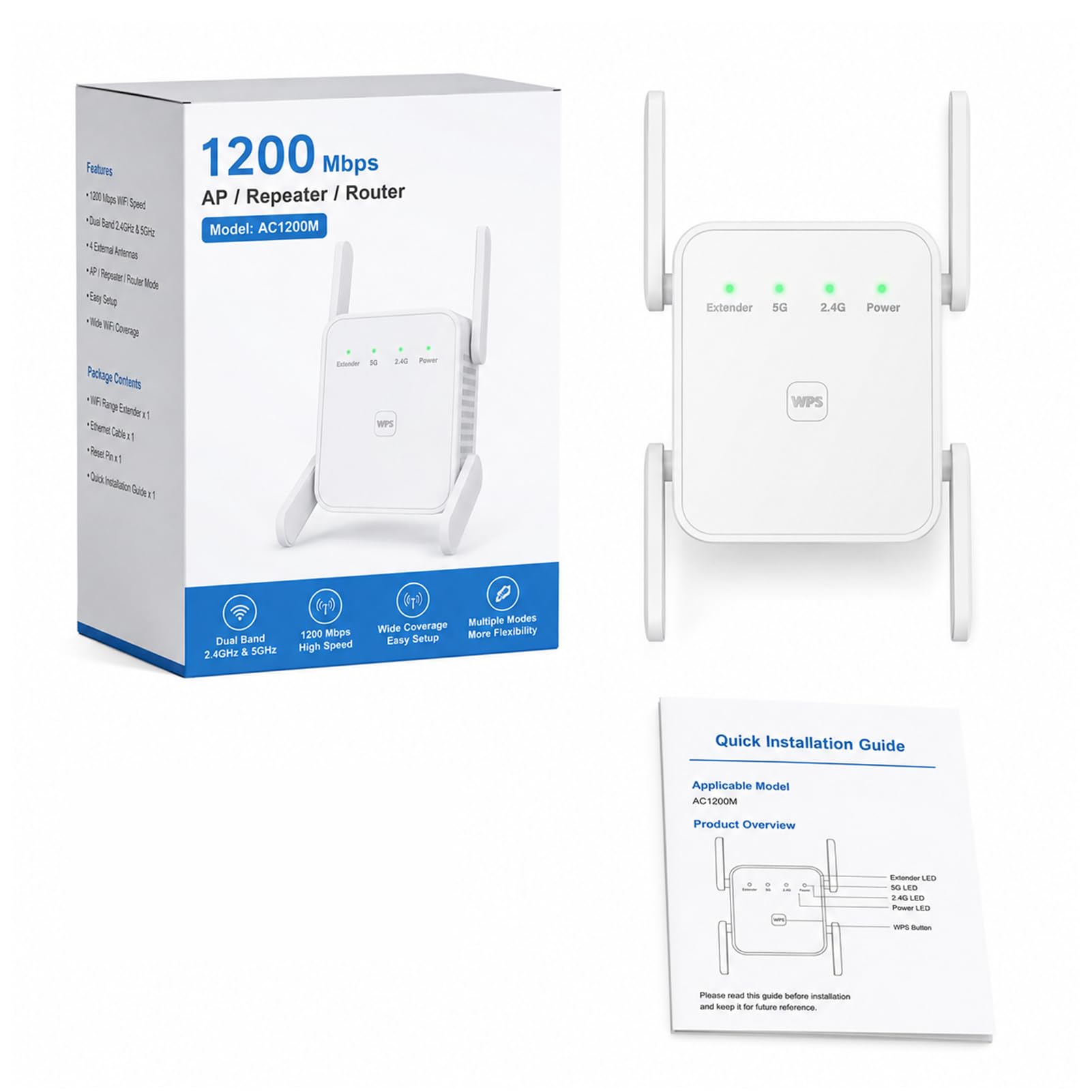 Amplificatore Wi-Fi, ripetitore Wi-Fi, ripetitore WiFi, 1200 Mbps, doppia banda con 4 antenne, per casa, ufficio e appartamento in affitto