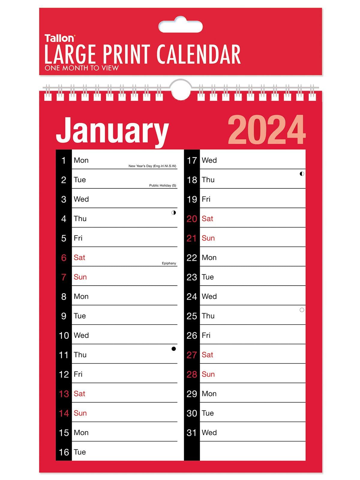Tallon 2024 Wall Calendar A4 Planner Large Print Month To View Hanging Spiral Bound Red, 300 mm x 215 mm