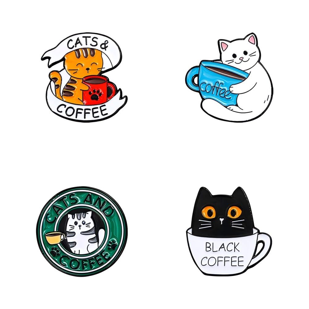 4pcs Cat Pin Badge Brooch for Women Men Cats Coffee Enamel Pin Cute Cat Animal Lapel Pins Set Backpacks Jackets Hats Bags Brooch Jewelry Gift