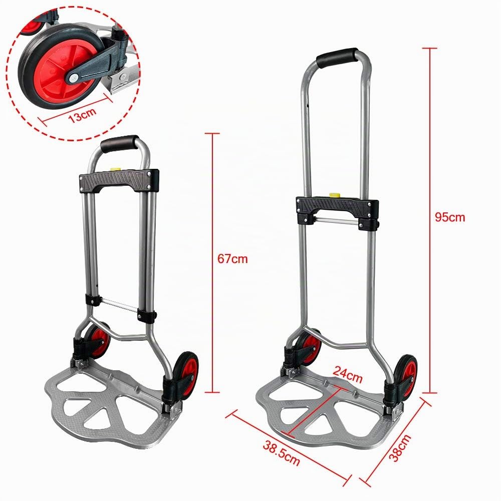 Carrello per sacchi in alluminio pieghevole, carrello da trasporto pieghevole, carrello manuale, trolley per bagagli con superficie antiscivolo, manico allungabile, capacità di carico fino a