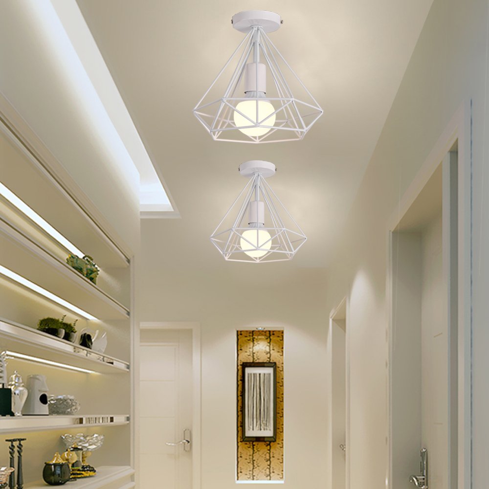 STOEX Plafonnier Industrielle Vintage En Métal LED E27 Cage Forme Diamant 20cm Pour Salle à Manger,Bar,Chambre,Cuisine Et Salon (Blanc