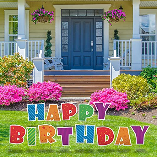 QPS Happy Birthday Yard Signs with Stakes - 16" Colorful Weatherproof Large Lawn Letters Spelling Happy Birthday - 28 Metal Stakes - 13 Total Letter Lawn Signs - Happy Birthday Sign