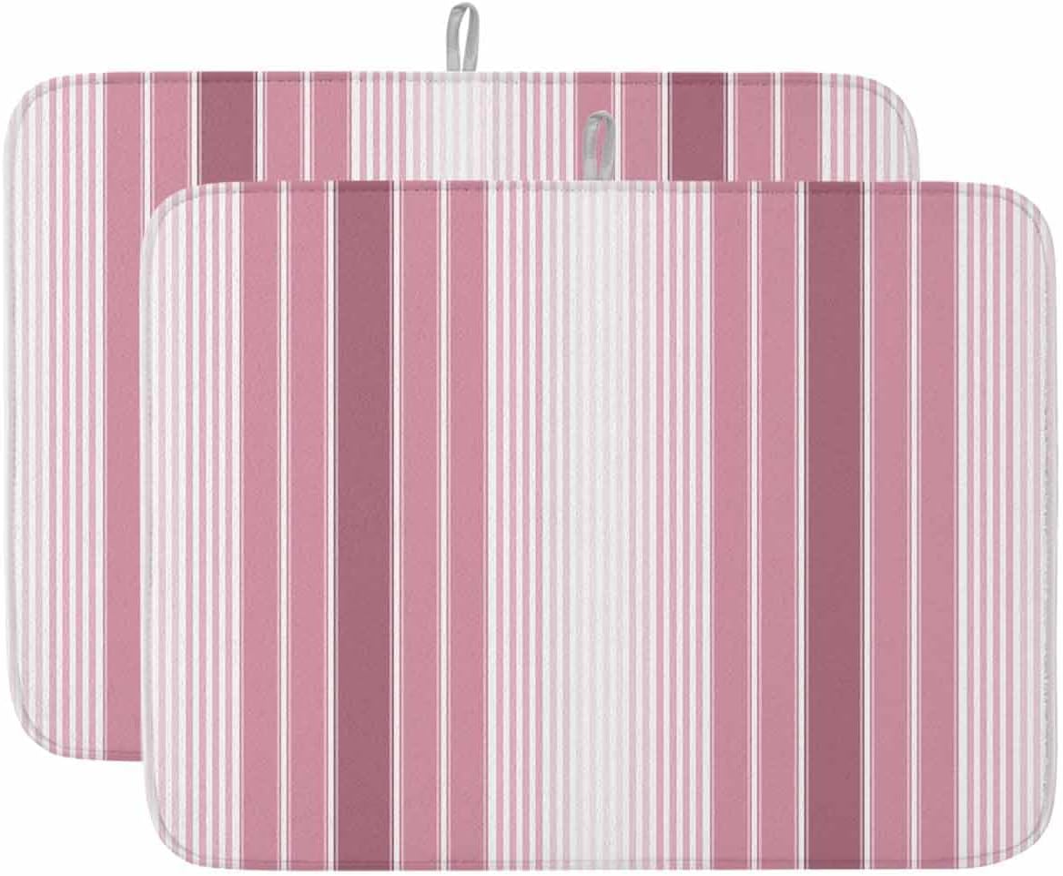 Dish Drying Mat for Kitchen Counter,Farmhouse Watercolor Pink Gradient Line Absorbent Microfiber Drainer Rack Pad Rustic Ombre Striped Quick Dry Mat for Sinks Dishes Utensils 18x24in,2 Pack