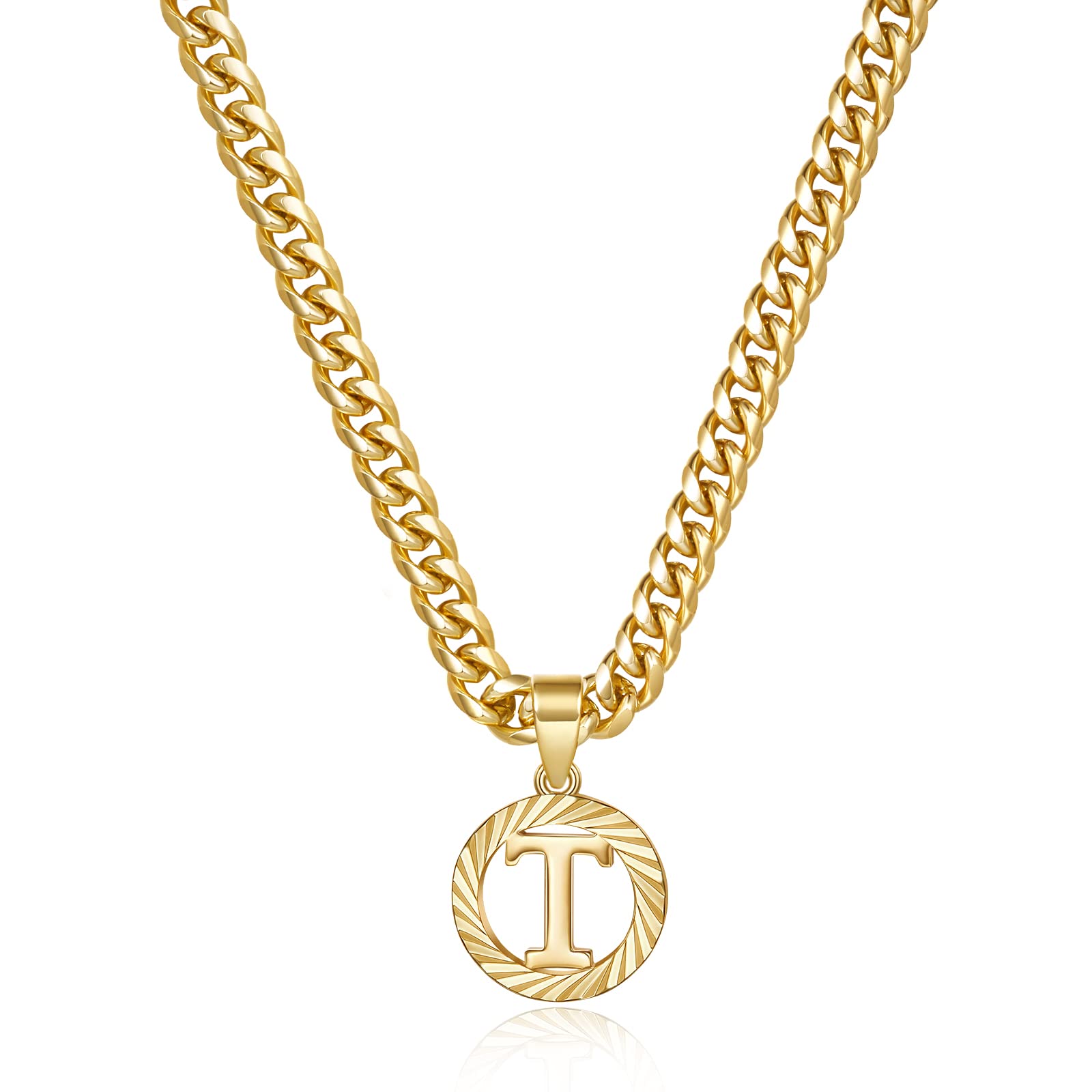 KissYanGold Initial Necklace,14K Gold Plated Round Letter Pendant Hollow Capital Monogram 5mm Cuban Chain Necklace Alhpabets from A-Z Dainty Jewelry for Women Men