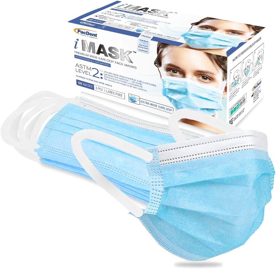 MASKT-02-A iMask Level 2 Premium Wide Earloop Disposable 3-Ply Extra Comfort Face Mask, Individually Wrapped, Blue, Pack of 50