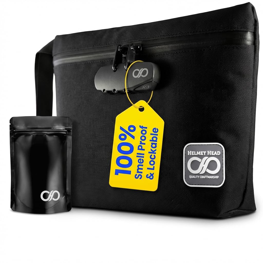 HELMET HEAD Smell Proof Bag with Combination Lock, Durable Water Repellent Odorless Stash Bag Comes With Mylar Bags and Inside Pouches For Your Herbs and Smelly Accessories (Black)