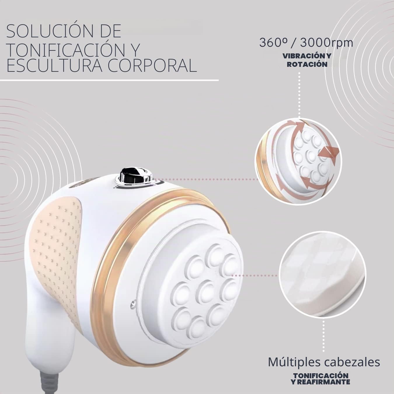 VELFORM Masajeador Anticelulítico Eléctrico Vibratone Pro, 3000RPM, Masaje anticelulítico adelgazante, Piel más firme, Tonifica y relaja a la vez, Versatil, Libera tensión, 3 tipos de masajes