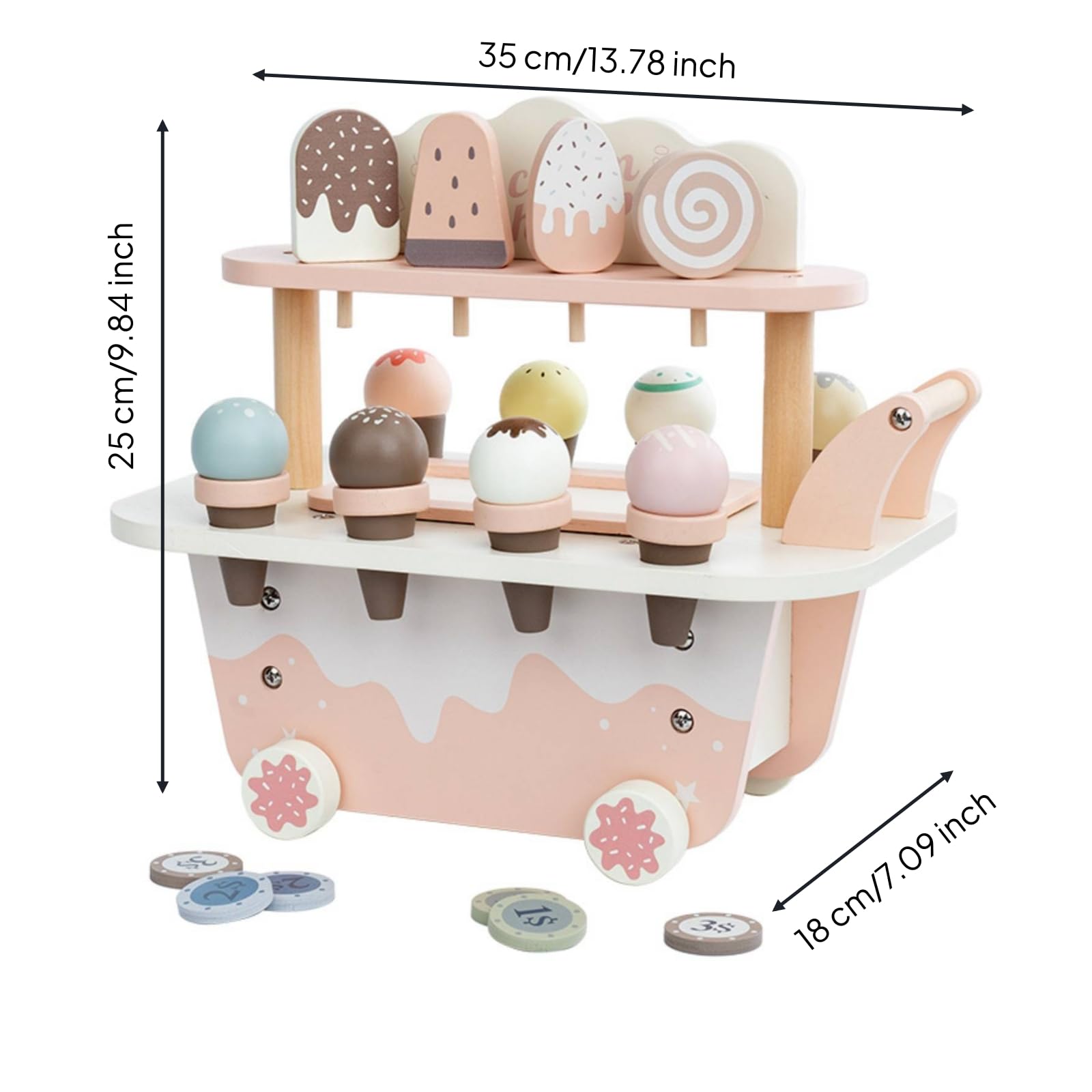 Kinder Spielwagen Holz Eisladen Wagen Kinderwagen Rollenspiel Spielzeugwagen mit Zweistufiger Präsentationsablage Robuster Holzbau Schiebegriff Räder für Innenraum Zuhause