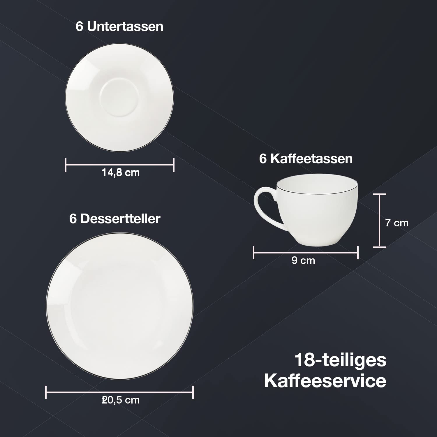 Peill+Putzler Germany, Kaffeeservice für 6 Personen aus hochwertigem Porzellan, 18-teiliges Geschirrset in weiß mit schwarzem Rand, 6x Dessertteller, 6x Kaffeetassen, 6x Kaffeeuntertassen