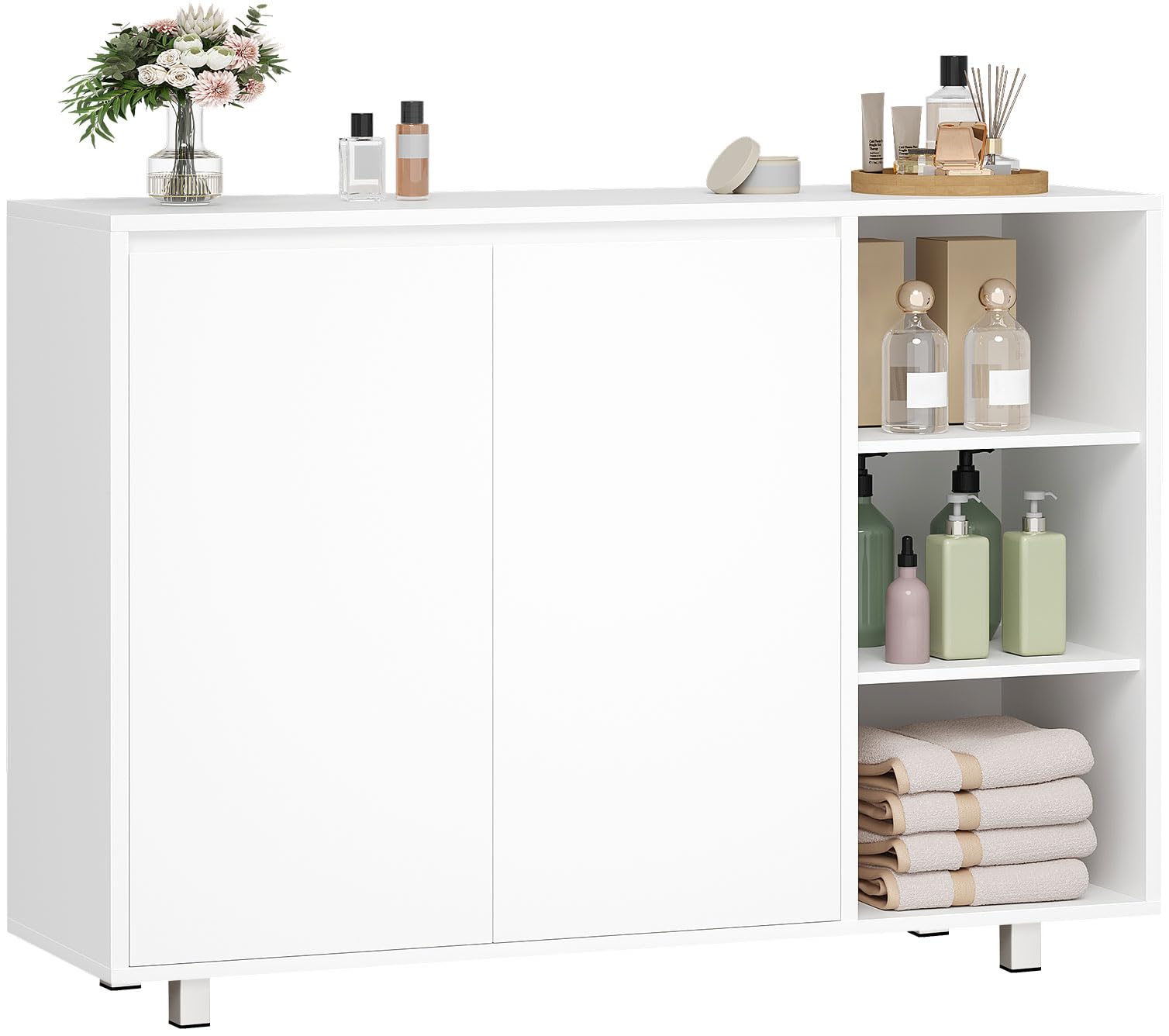 BEWISHOME Badezimmerschrank,Badschrank mit 2 Türen,Küchenschrank,Badezimmerschrank mit Offenem Fach & Verstellbarer Ablage,Viel Stauraum für BadBadezimmer,Wohnzimmer & Küche,35x100x80 cm,Weiß EYYG20W
