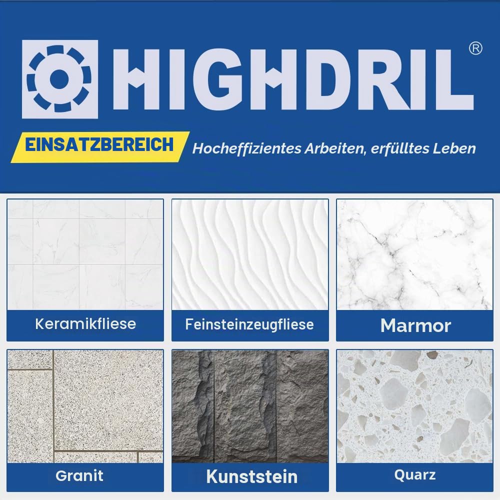 HIGHDRIL Diamantbohrer Fliesenbohrer Set 11Stk für Porzellan Granit Fliesen | 6/8/10/25/35/50/68/110MM Diamant-Bohrkrone Lochsäge +50MM Fingerfräser+20MM Bohr Schleifbits M14+ adapter für Keramik Marmor