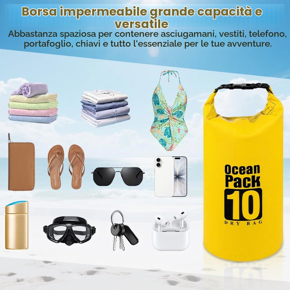 URAQT Borsa Impermeabile, Zaino Impermeabile da 5L 10L 20L, Bag Sacco Impermeabile con Tracolla Regolabile, Chiusura a Rotolo, per Sport Acquatici, Kayak, Barca, Rafting, Nuoto, Campeggio(Giallo,10L)
