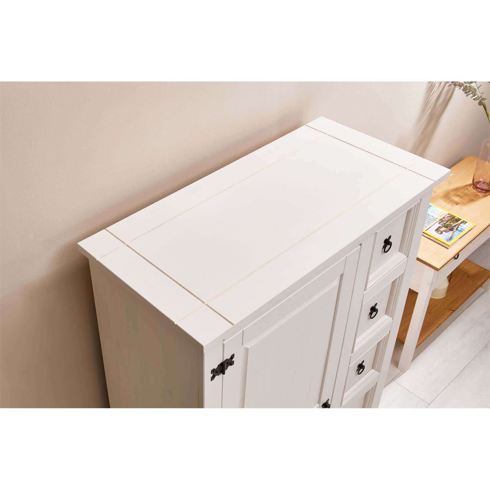 IDIMEX Buffet Salle à Manger apothicaire Tequila L 95 cm en Bois Massif Blanc avec 1 Porte battante et 5 tiroirs spacieux, Style Mexicain, Meuble de Rangement, Structure Robuste et Finition élégante