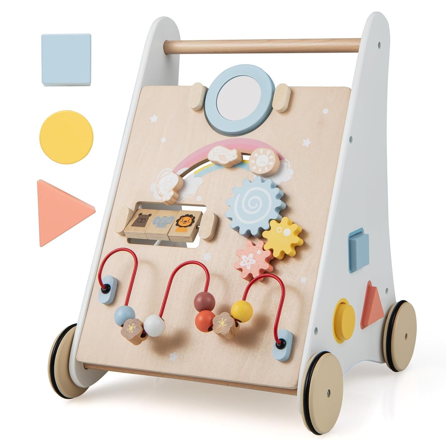 FANTASK Girello 7 in 1 in legno, carrello scorrevole con scatola di immagazzinaggio, colore bianco, girello con tavoletta, specchio e blocchi di costruzione, aiuto per bambini a partire da 1 anno