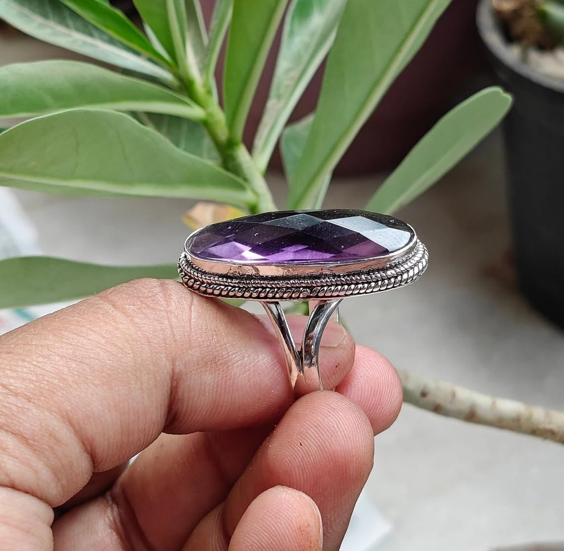 Long Amethyst Quartz Ring, Statement Ring, Genuine Gemstone, Bridal Ring, Bridesmaid Gift Ring 925 Starling Silver Plated Handcrafted Ring Women Gift Ring Wedding Ring Natural Amethyst Quartz Jewelry