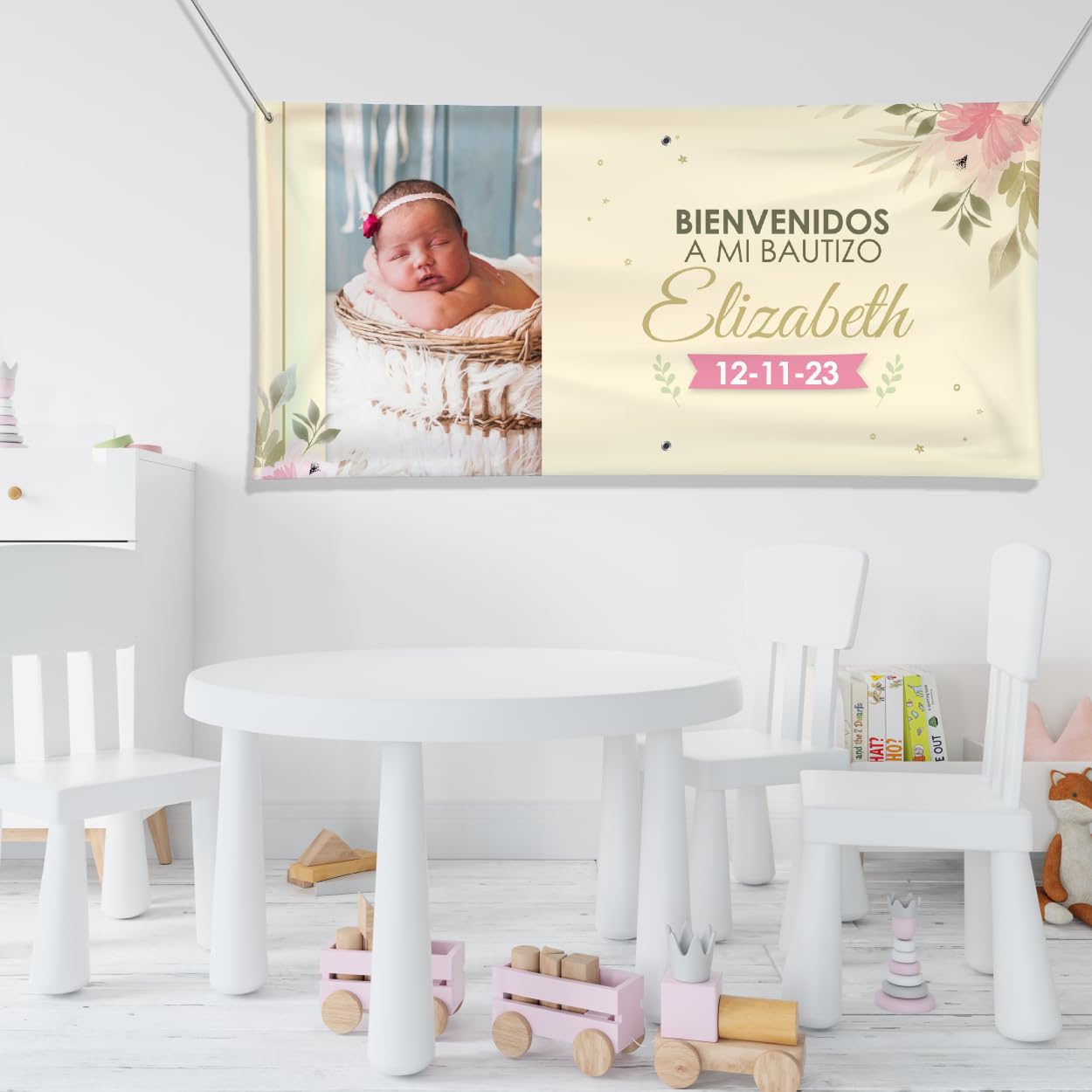 Cartel Personalizado para Bautizo con Foto, Nombre y Fecha en 21 Tamaños – Ideal como Pancarta Personalizada con Lona Impresión UV - Banner o Photocall para Decoración Bautizo Niño o Niña (Beige)