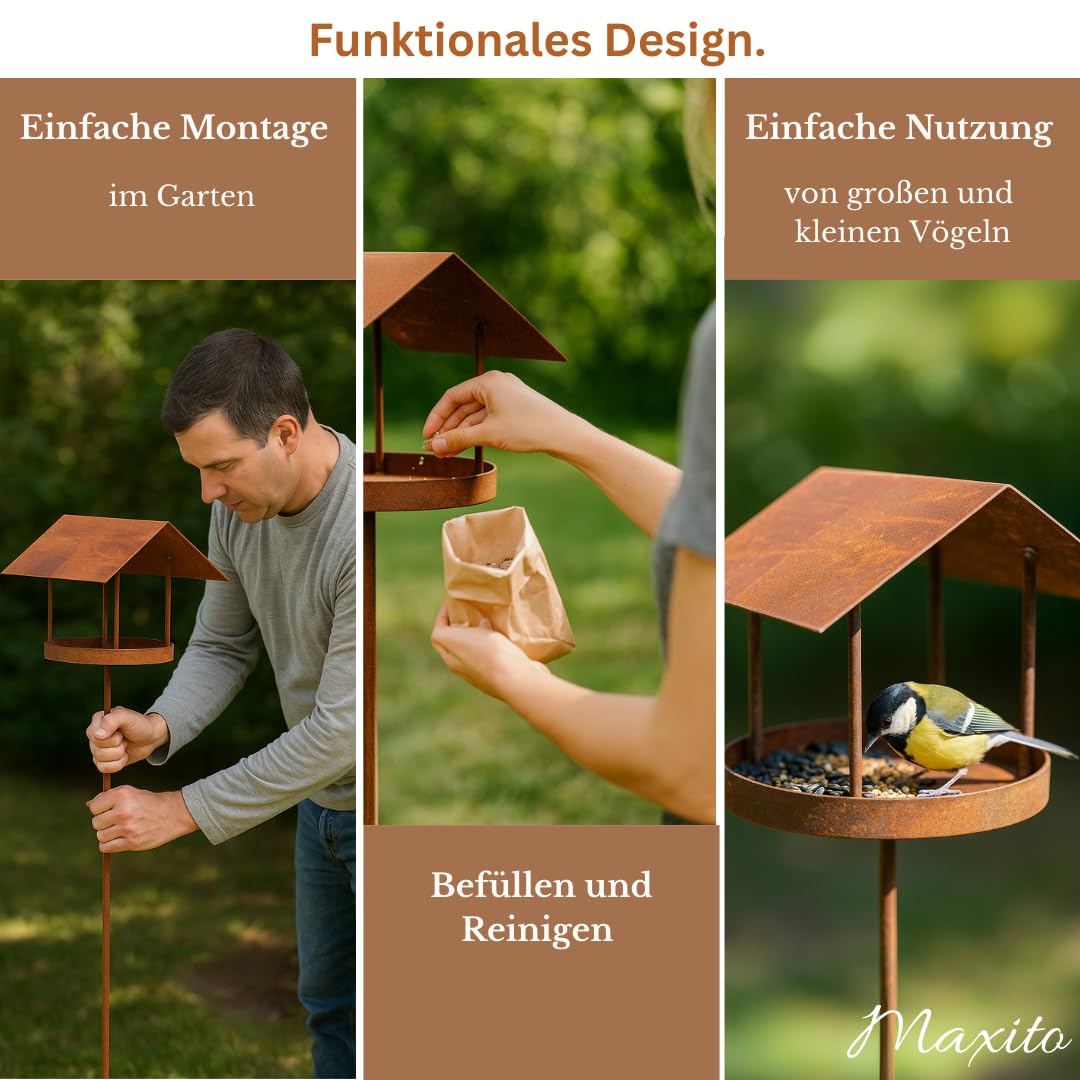 Maxito Vogelhaus mit Ständer wetterfest aus Metall und stabilem Stand 154 cm hoch als Gartendeko rost im Garten I Vogelhaus I Vogelfutterhaus I Gartendeko für draußen I Vogelhäuschen I Terrasse