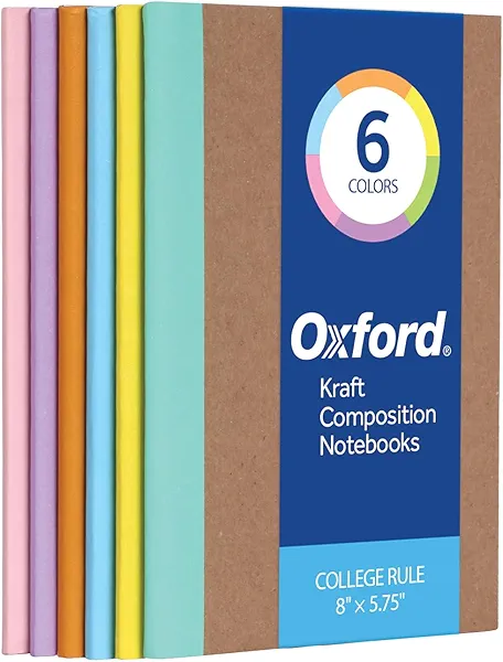 Oxford Composition Notebook 6 Pack, Notebooks for School, School Supplies, College Ruled Paper, 5.75 x 8 Inches, Small Journals, 60 Sheets, Kraft Covers with Assorted Pastel Spines (63832)