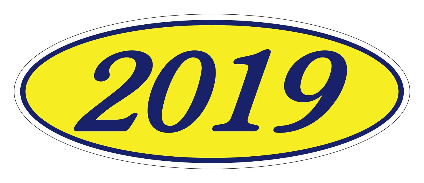 Generic EZ Lettering LINE 2019 Oval Model Year Window Stickers Blue Numbers ON Yellow 12 Per Pack CAR Dealer AUTO DEALERSHIP Windshield 4 Digit Year, 14 long x 5 12 tall, Blue and Yellow