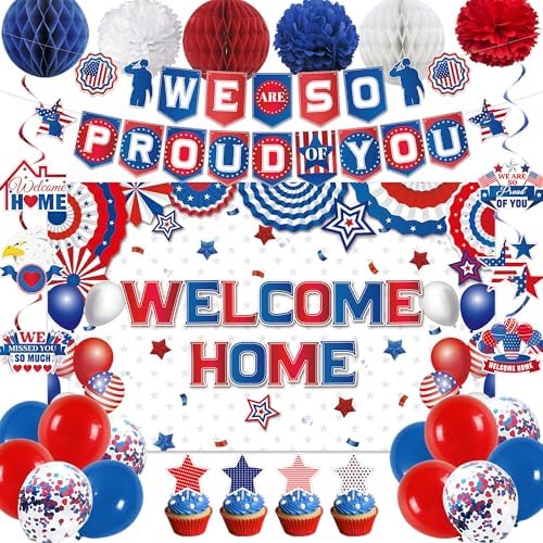 Holkcog Welcome Home Decorations, Red White Blue Welcome Home Backdrop, We are So Proud Of You Banner, Red Blue Family Reunion Military Homecoming Returning Welcome Home Party Decor Ballons Supply Holkcog Welcome Home Decorations, Red White Blue Welcome Home Backdrop, We are So Proud Of You Banner, Red Blue Family Reunion Military Homecoming Returning Welcome Home Party Decor Ballons Supply