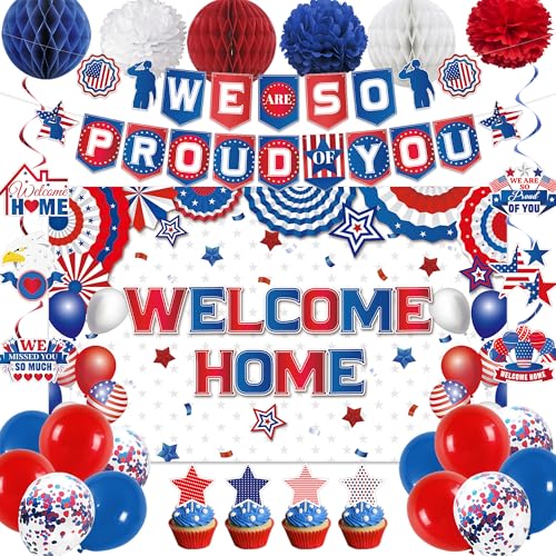 Holkcog Welcome Home Decorations Red White Blue Welcome Home Backdrop We are So Proud Of You Banner Red Blue Family Reunion Military Homecoming Returning Welcome Home Party Decor Ballons Supply