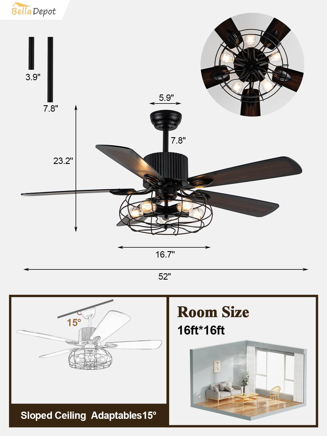 Bella Depot 52" Industrial Ceiling Fan Farmhouse Caged Chandelier Fan with Light Remote Vintage Rustic Indoor Fandelier with Silent Motor for Dining Living Room Bedroom Porch Outdoor (Coffee)