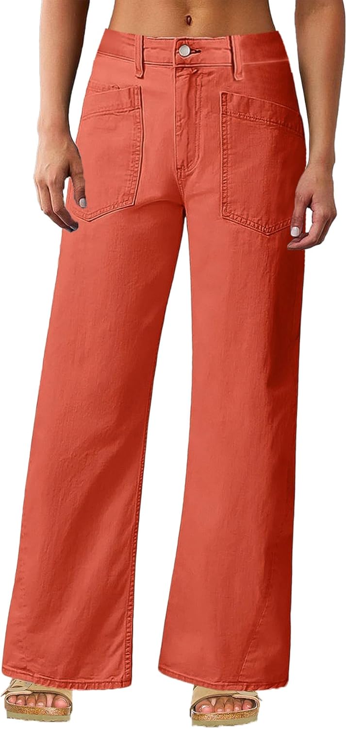 Flamingals Wide Straight Leg Mid Rise Baggy Pocket Denim Jeans Without Belt