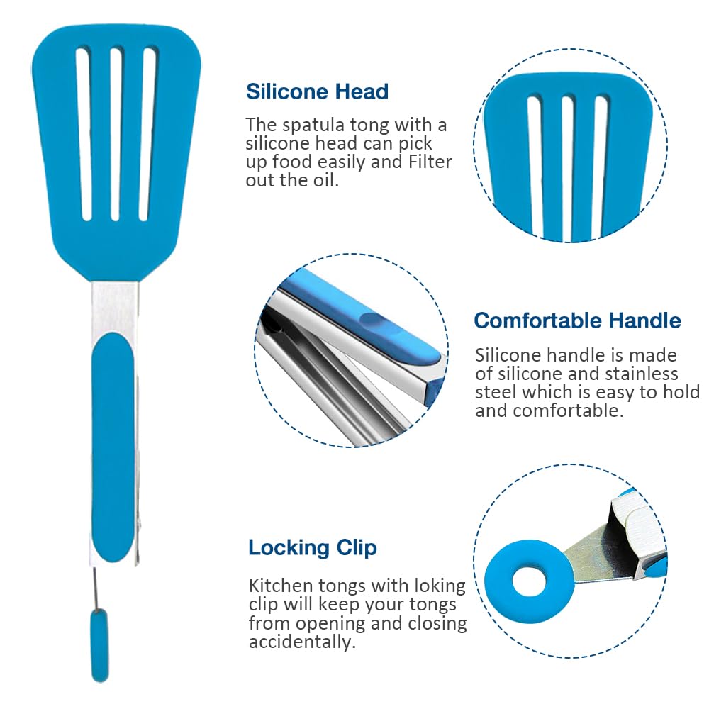 Juego de 3 pinzas pequeñas para servir, mini pinzas antiadherentes (7 pulgadas) con puntas de silicona y mango de acero inoxidable, pequeñas pinzas de cocina para filetes, ensaladas, verduras (azul)
