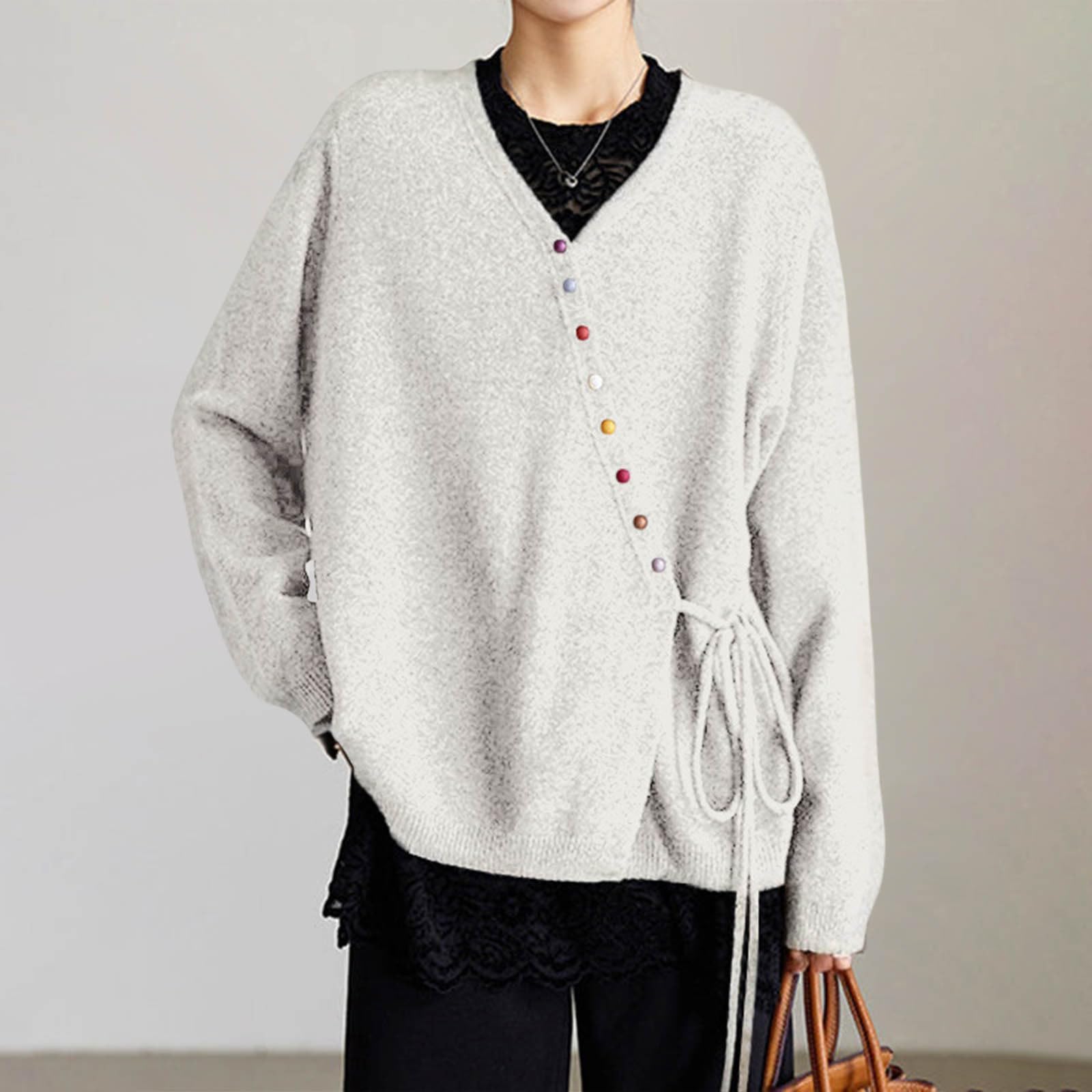 Generisch WeißE Strickjacke Grobstrick Cardigan weich warm übergroß vorne offen langärmelig gemütlich für Winter