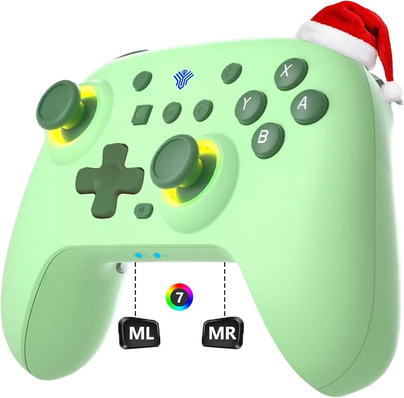 Controlador de interruptor SZYUYU para Nintendo Switch, Switch Pro/OLED/Lite/PC | Controlador de interruptor con luz LED de 7 colores/TURBO ajustable de 3 niveles, vibración dual de 4 velocidades, despertador, movimiento de 6 ejes giroscópicos, verde
