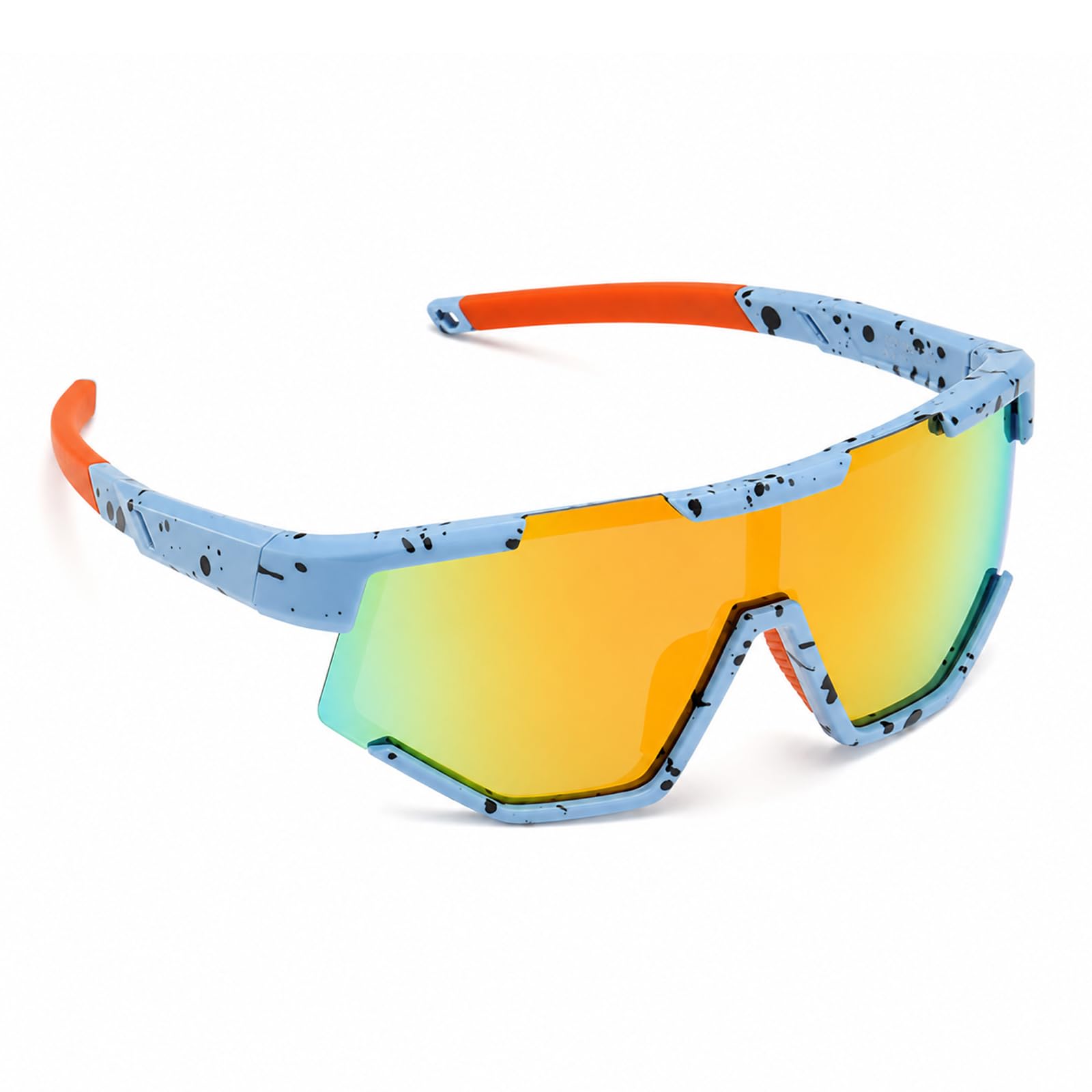 Shentu Wrap-Around Sports Sunglasses, Lake Blue Frame with Orange Arms, UV400 & Impact-Resistant for Cycling, Driving & Outdoor Sports.