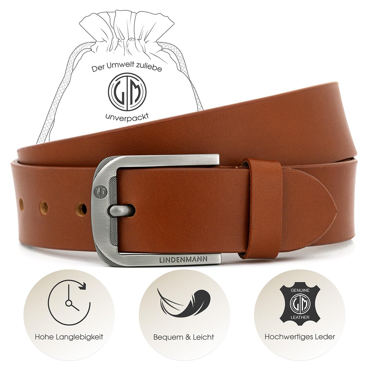 LINDENMANN Herren Ledergürtel Vollrindleder Jeansgürtel cognac
