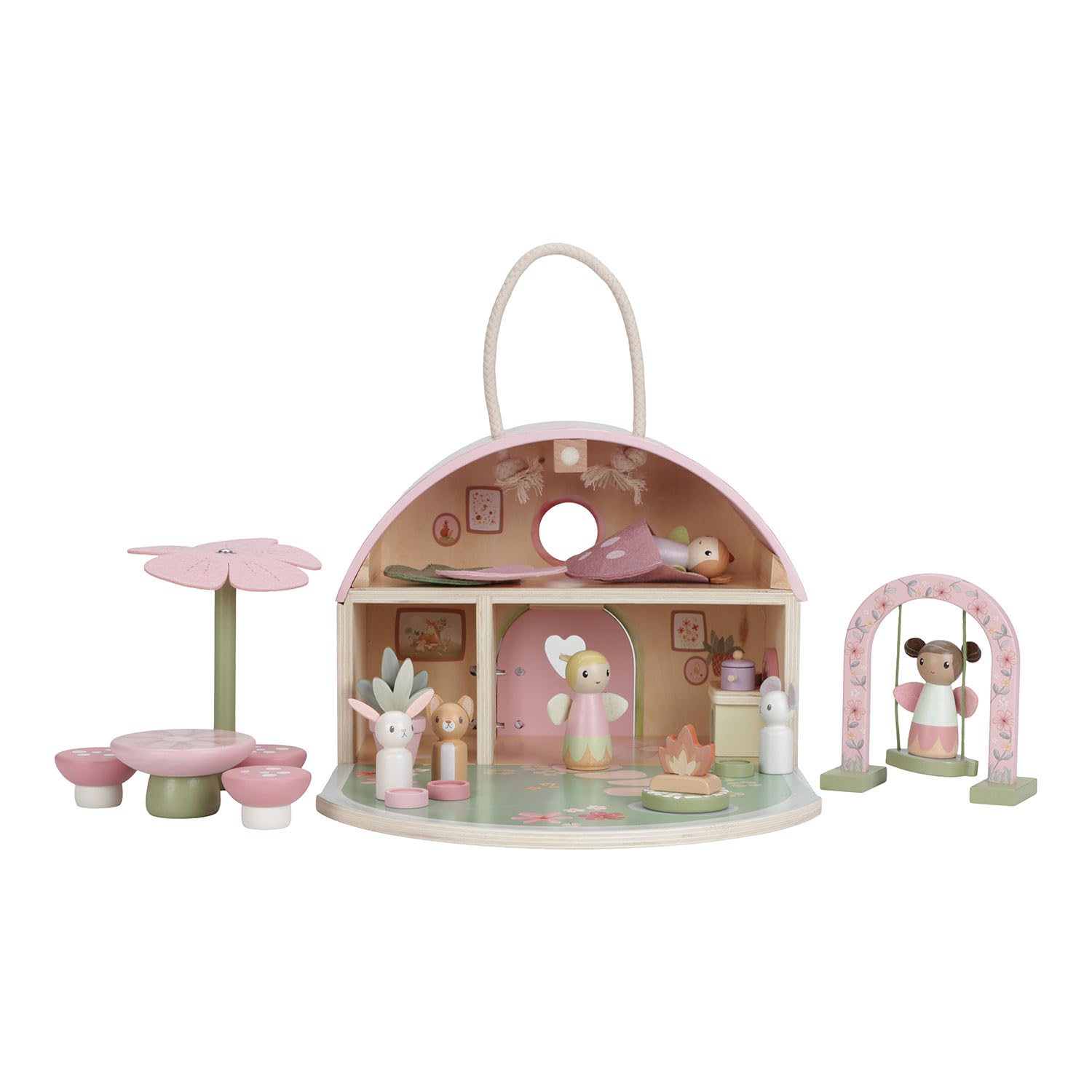 Little Dutch Casa de hadas Casa de muñecas de madera portátil y plegable con muchos accesorios y figuras de juego rosa