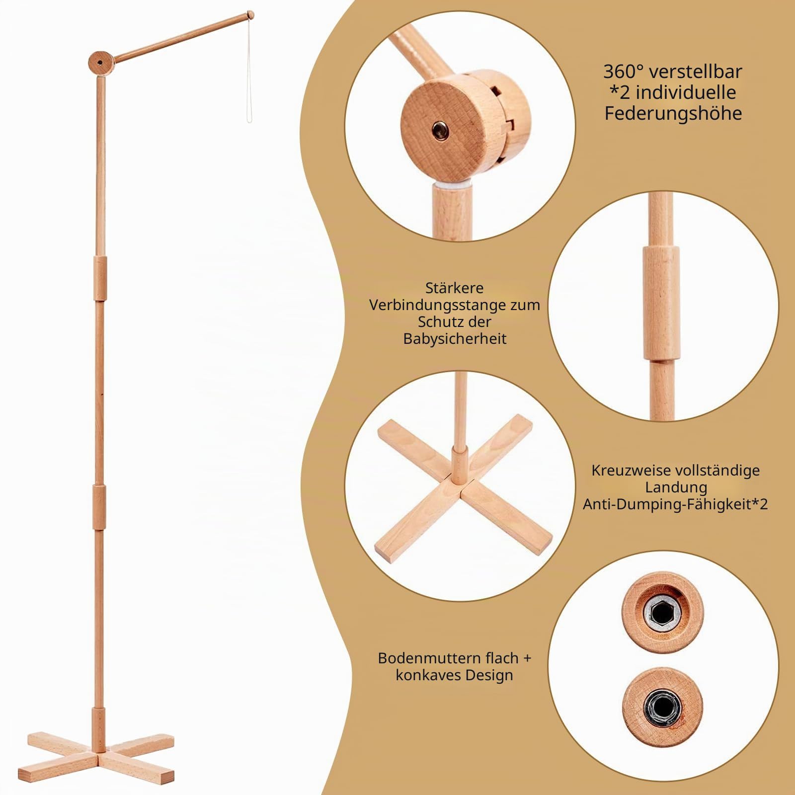 PORFOYO Mobile Halterung Holz, 1.6 M Minimalistisches Design Babybett Mobile Halterung, Stabile Struktur Holz Mobile Halterung Wickeltisch, Universelle Verwendung Mobile Halterung Holz